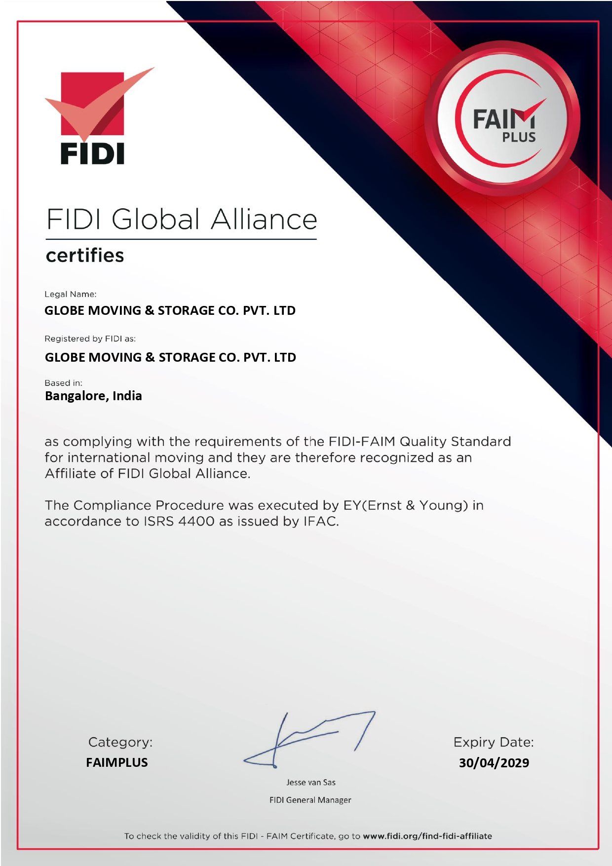 FIDI-FAIM Plus certificate for Globe Moving & Storage Co. Pvt. Ltd.