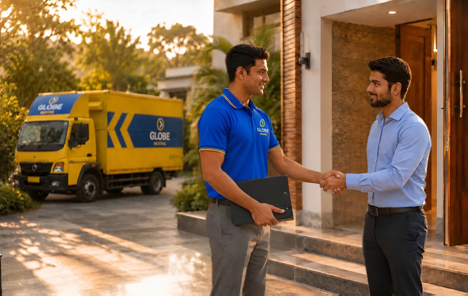 Globe Moving consultant shaking hands with a customer at his door, Globe truck behind