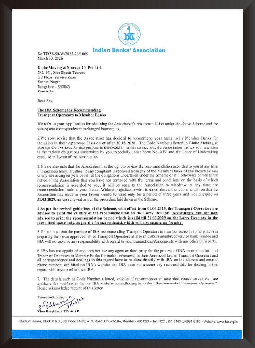 Indian Banks' Association recommendation letter for Globe Moving & Storage Co. Pvt. Ltd.