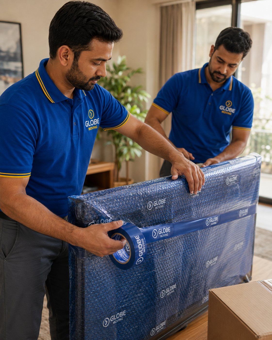 Globe Moving crew wrapping a TV in protective packing