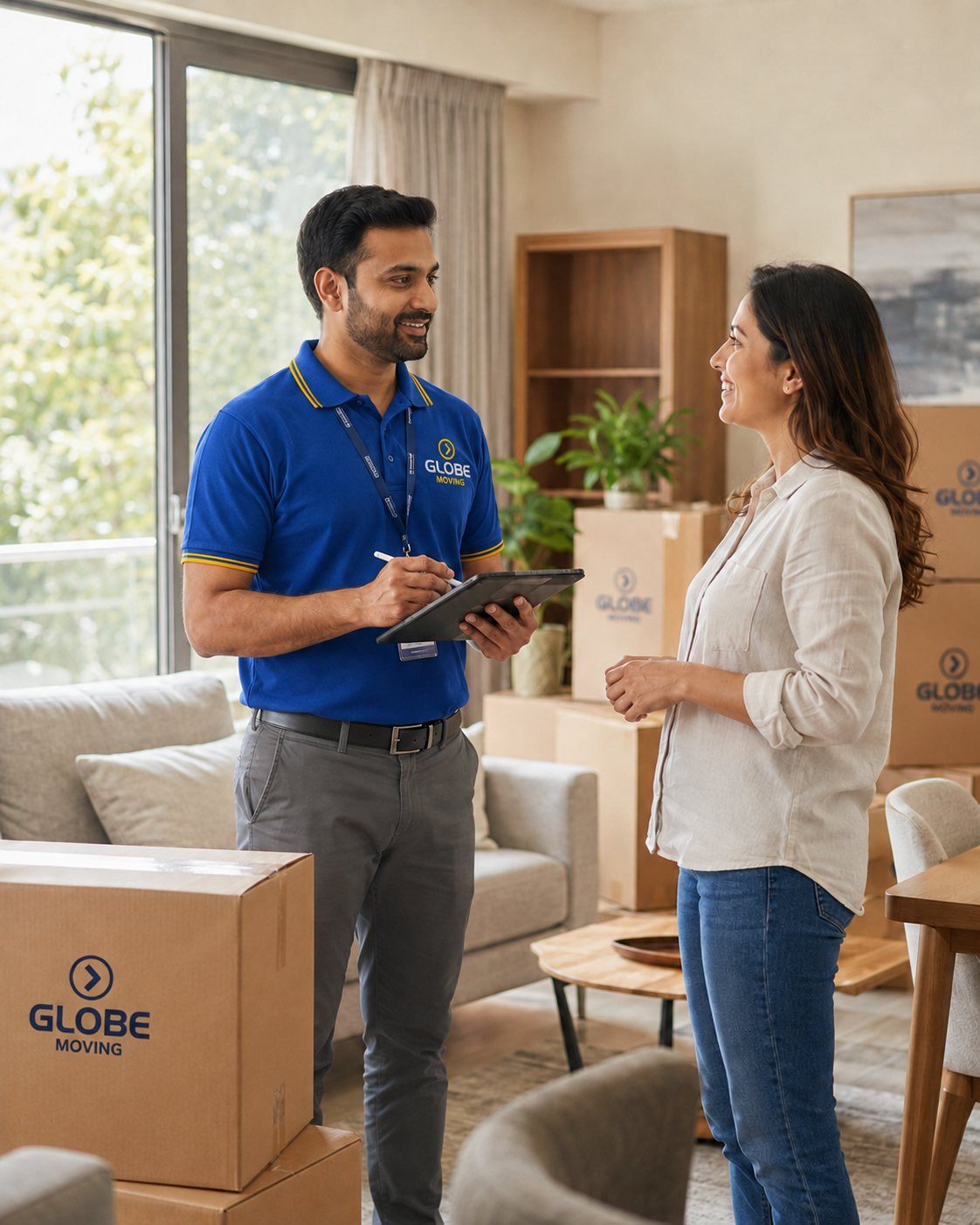 Globe Moving surveyor listing household goods with a customer