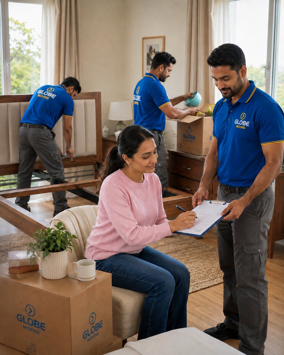 Customer signing off the delivery while the crew reassembles furniture